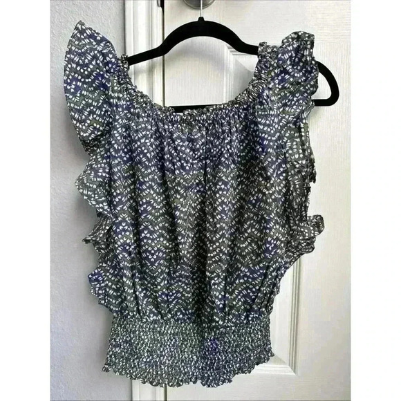 MICHAEL KORS Abstract Green Blue Print Ruffle Top Size S Elastic Waist - Picture 1 of 8